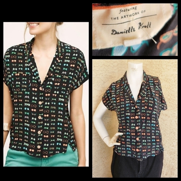 Anthropologie Danielle Kroll Silk Sunglasses Print Button‎ Short Sleeve Blouse - Picture 1 of 3